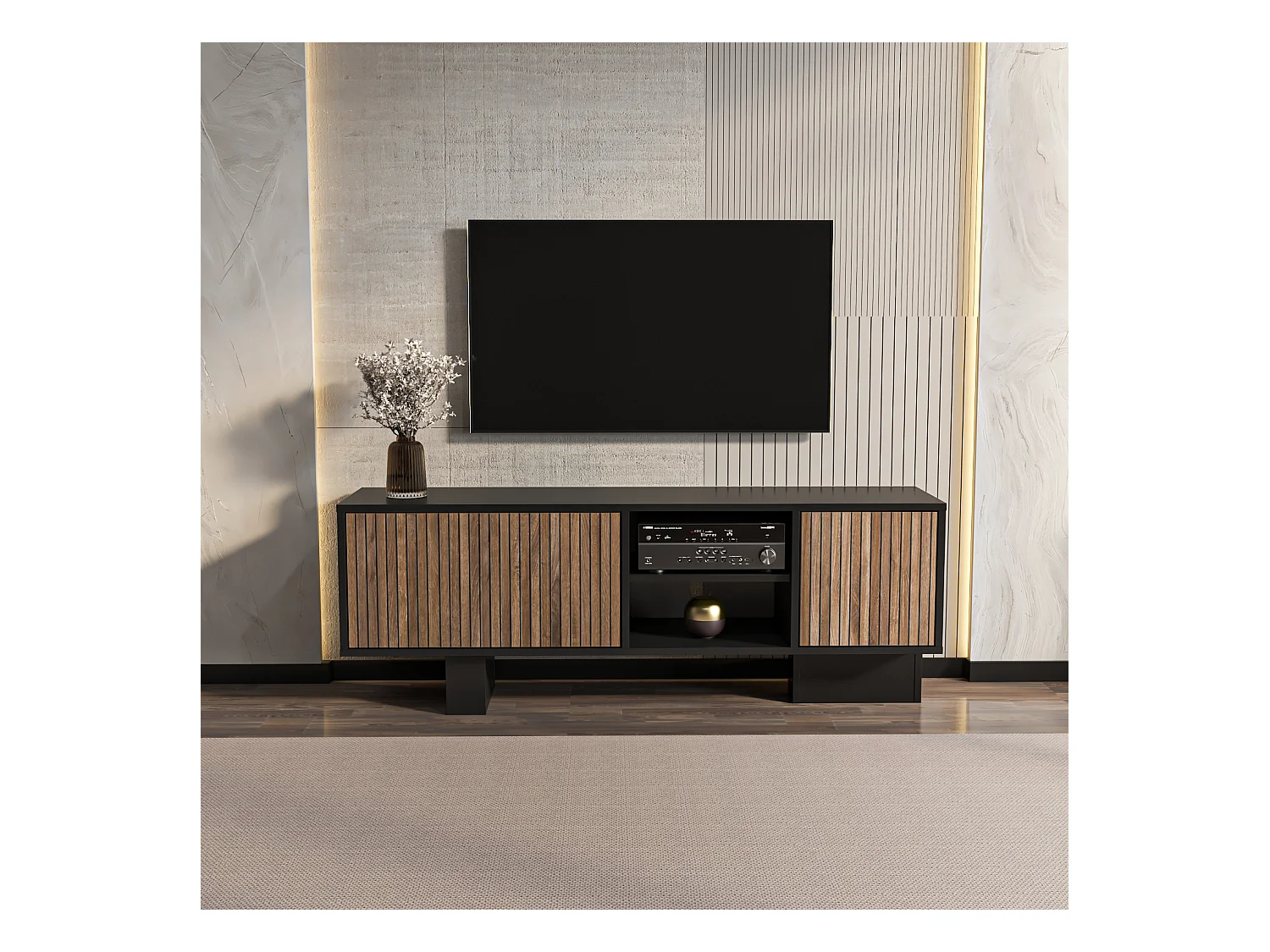 Monaco Meuble TV 150 cm Placards avec Niches Passe-Câbles (Noir et Alina)