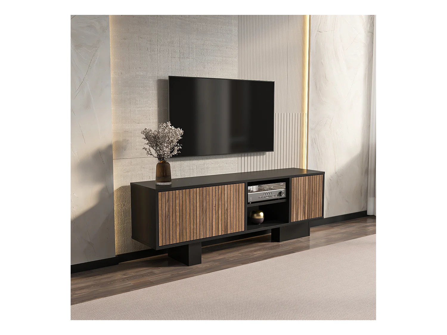 Monaco Meuble TV 150 cm Placards avec Niches Passe-Câbles (Noir et Alina)