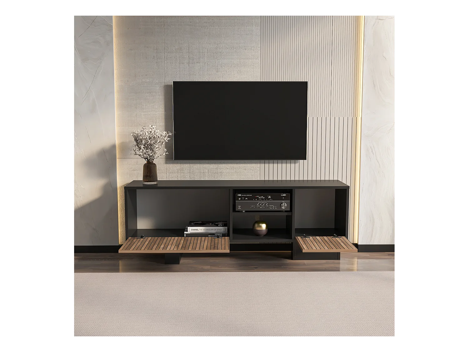 Monaco Meuble TV 150 cm Placards avec Niches Passe-Câbles (Noir et Alina)