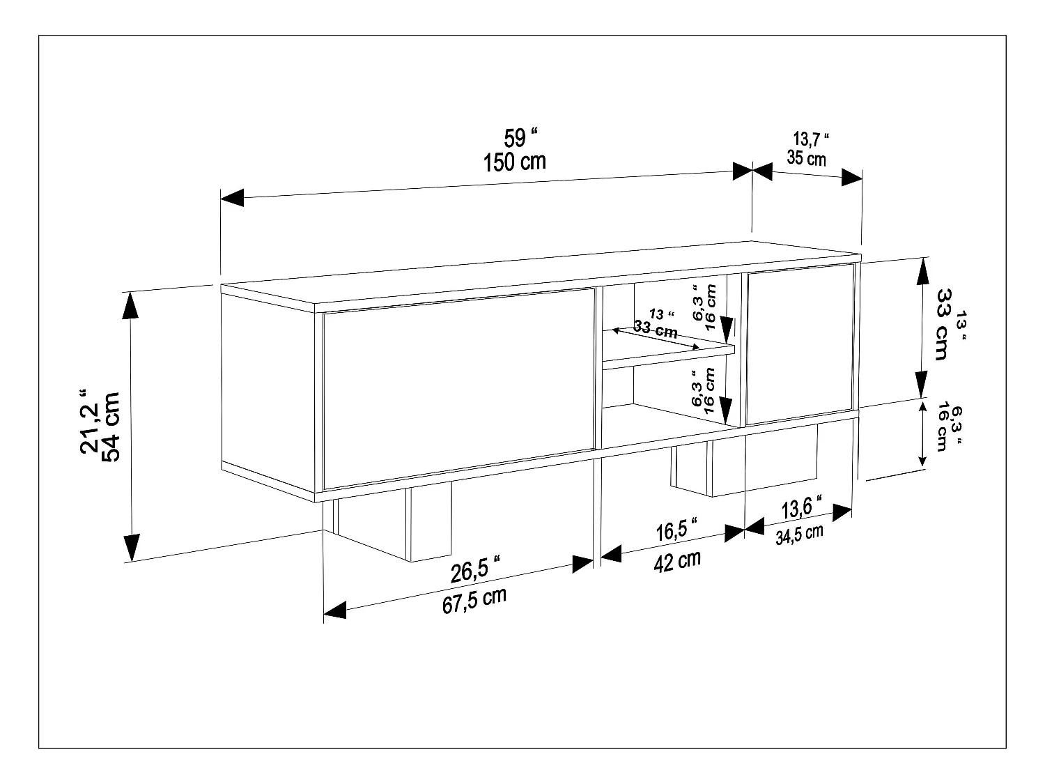 Monaco Meuble TV 150 cm Placards avec Niches Passe-Câbles (Noir et Alina)