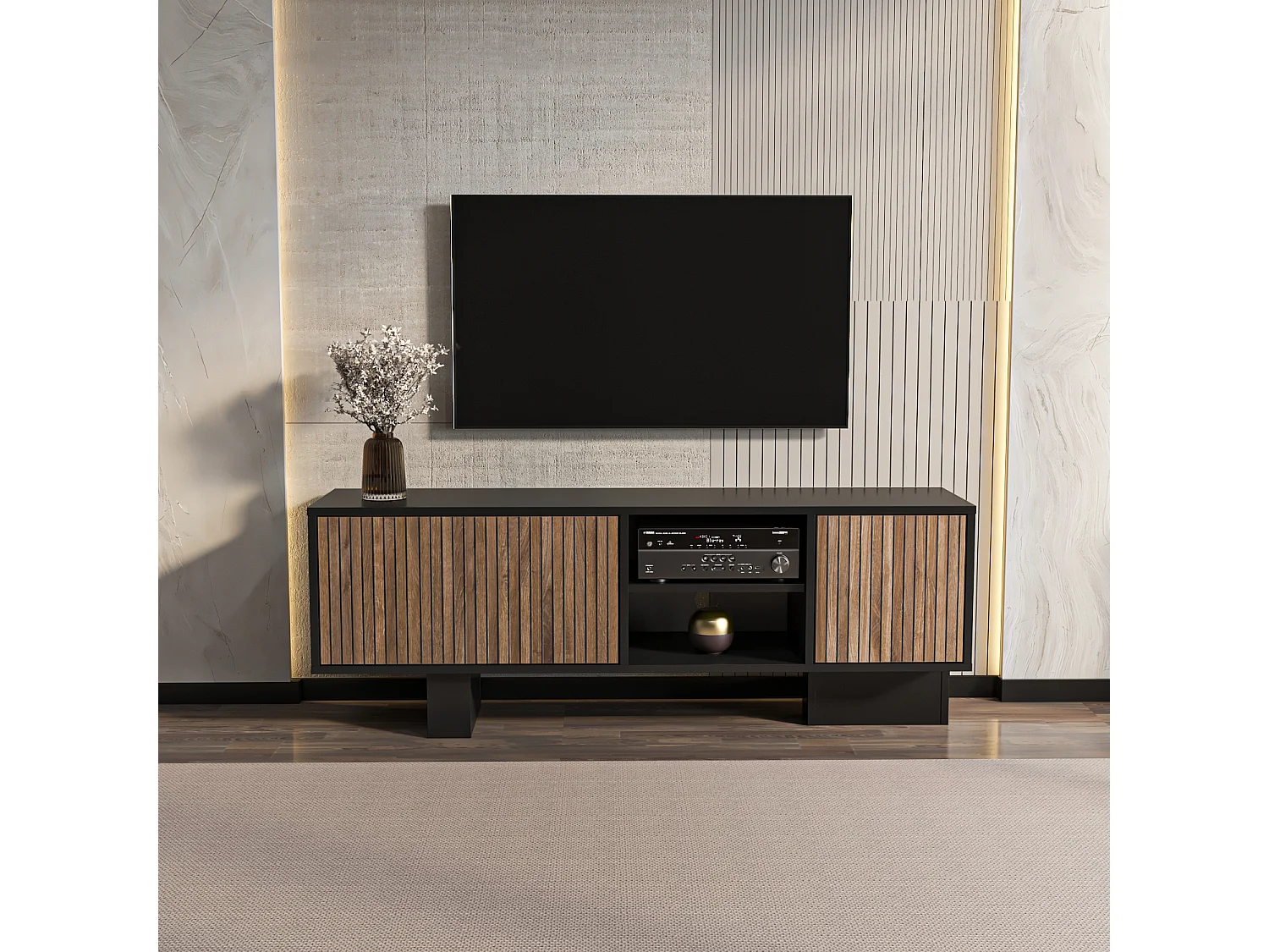 Monaco Meuble TV 150 cm Placards avec Niches Passe-Câbles (Noir et Alina)