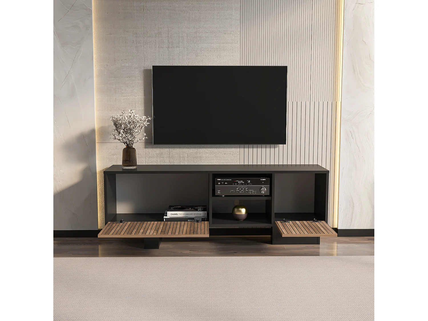 Monaco Meuble TV 150 cm Placards avec Niches Passe-Câbles (Noir et Alina)