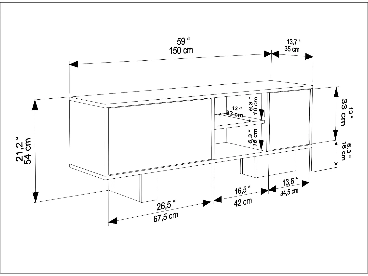 Monaco Meuble TV 150 cm Placards avec Niches Passe-Câbles (Noir et Alina)