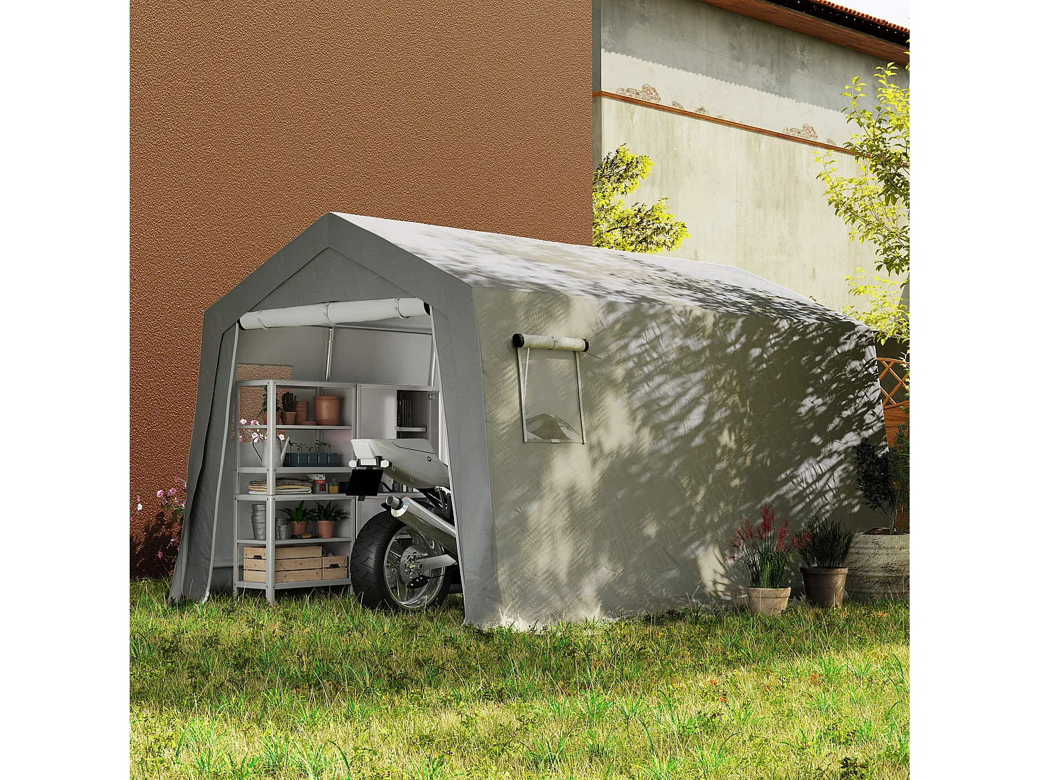 Tente de stockage - abri de jardin - tente de rangement dim. 3 x 4,5 x 2,5 m - métal galvanisé PE gris