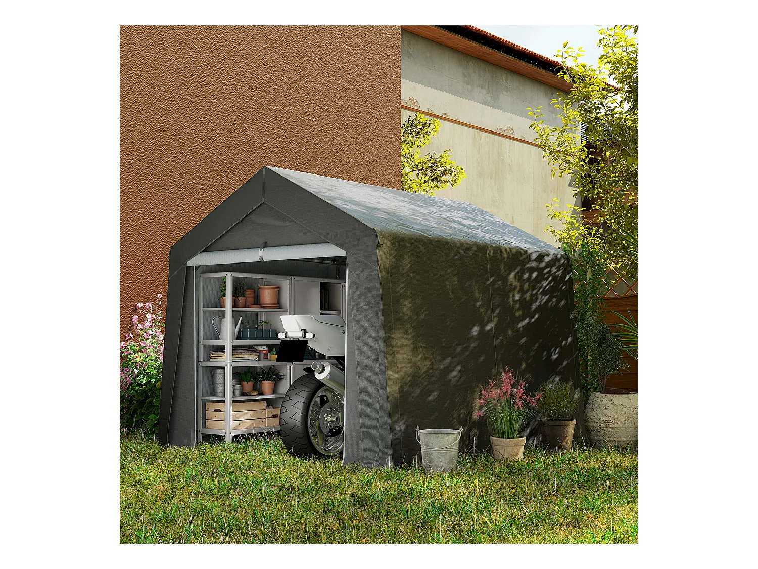 Abri de jardin, tente de stockage, 3 x 3 m, imperméable et anti-UV, cadre en acier galvanisé et grande porte, abri de vélo garage pour extérieur, gris foncé