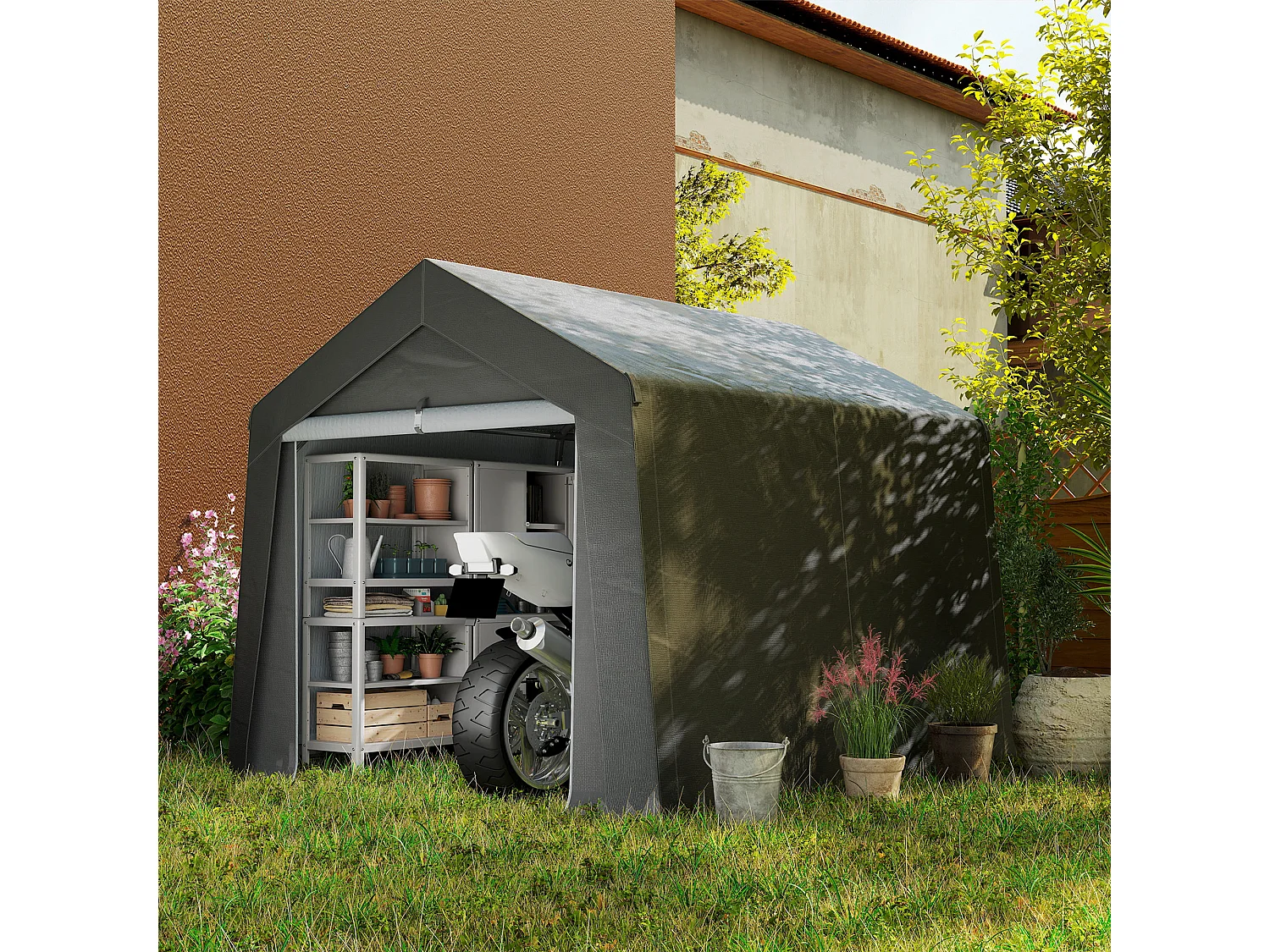 Abri de jardin, tente de stockage, 3 x 3 m, imperméable et anti-UV, cadre en acier galvanisé et grande porte, abri de vélo garage pour extérieur, gris foncé