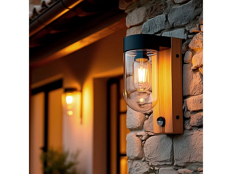 Applique da Parete per Esterni Acciaio Inox e Vetro con Sensore di Movimento Sentinel Nero