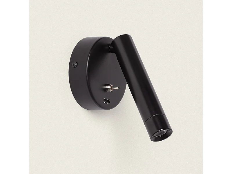Lámpara de Pared con Luz de Lectura LED 2.5W Aluminio y Puerto USB Gazny Negro Mate