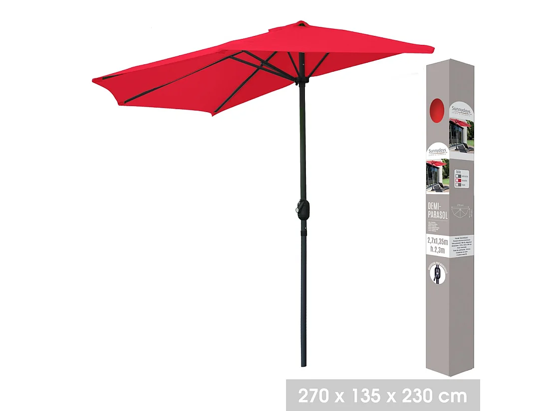 Demi-parasol mural rouge – 270x135x230cm – Aluminium – Toile polyester 180g/m² – Manivelle
