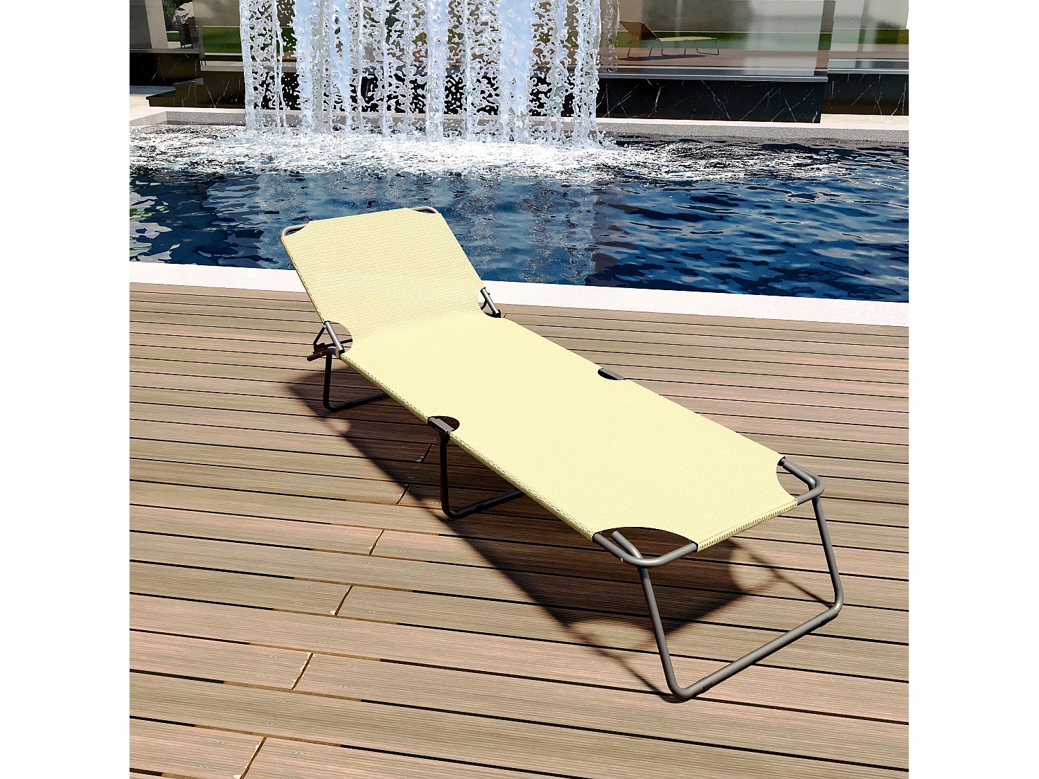 Lettino Pieghevole Prendisole Senza Tettuccio Parasole Schienale Reclinabile Regolabile Struttura In Metallo Nero Sedia Sdraio 187 x 53 x 24 Cm (Beige)