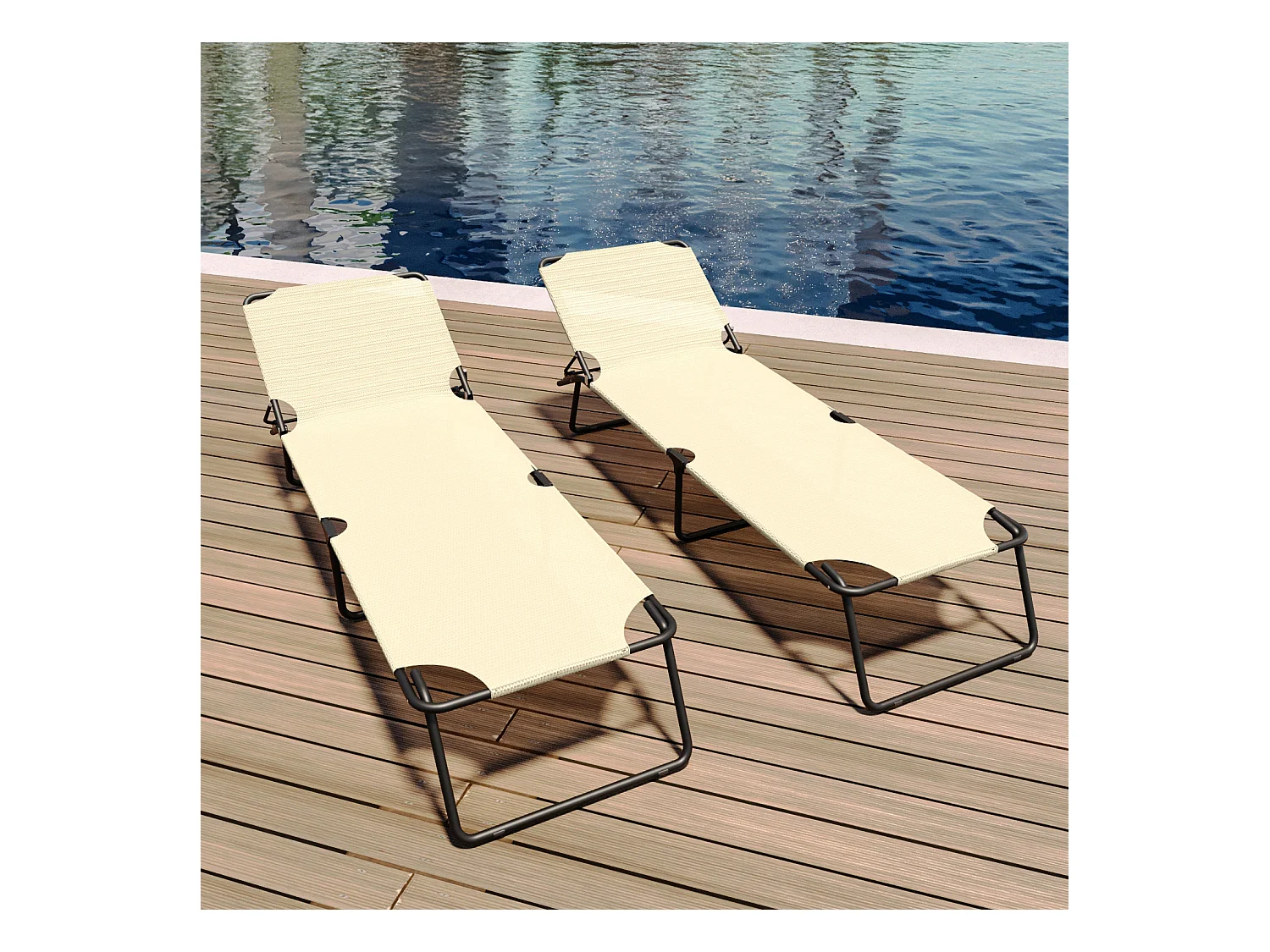 Coppia Di Lettini Pieghevoli Prendisole Senza Tettuccio Parasole Schienale Reclinabile Regolabile Struttura Metallo Sedia Sdraio 187x53x24Cm Beige