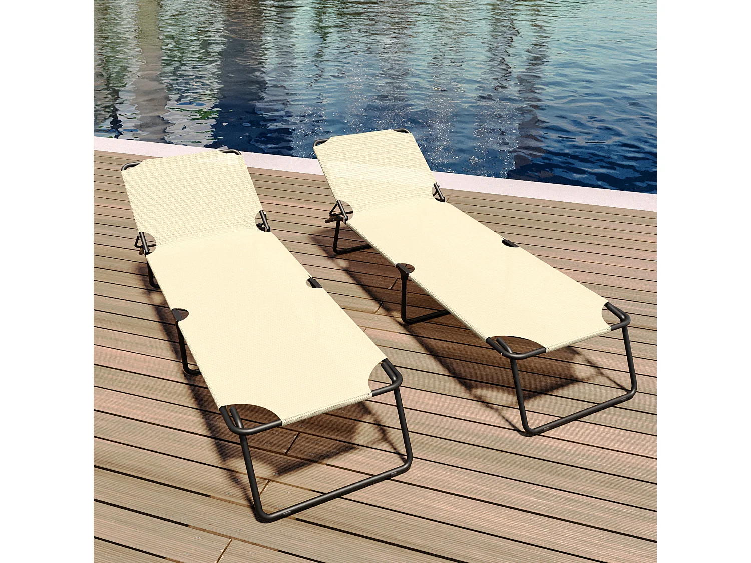 Coppia Di Lettini Pieghevoli Prendisole Senza Tettuccio Parasole Schienale Reclinabile Regolabile Struttura Metallo Sedia Sdraio 187x53x24Cm Beige