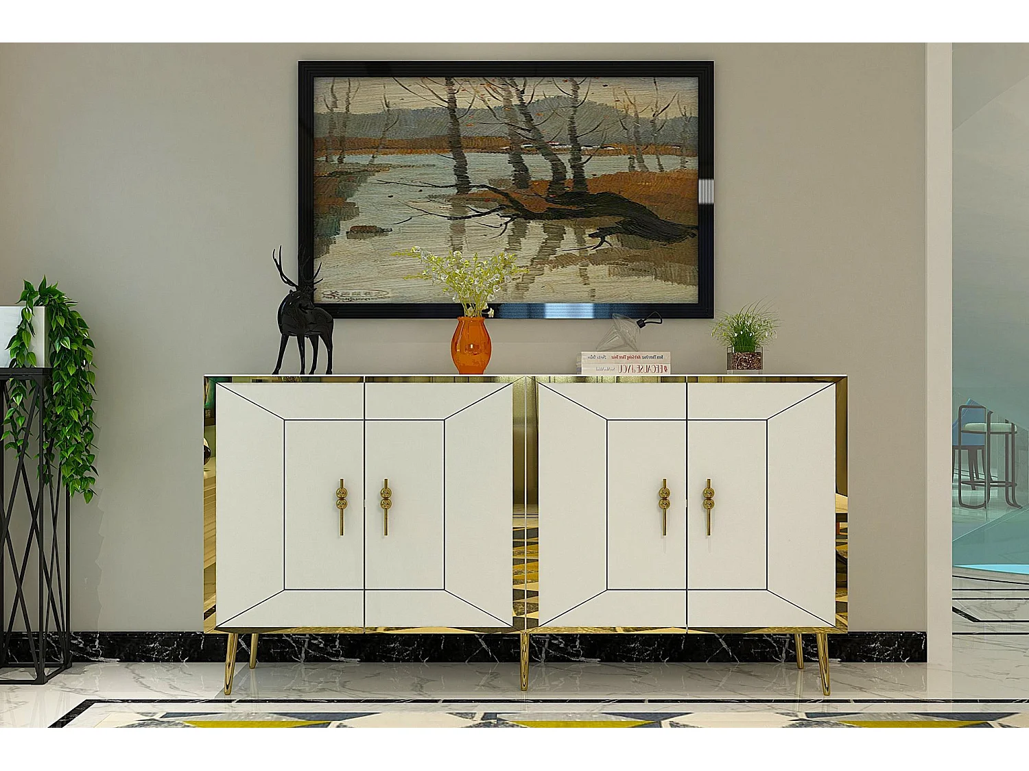 Aparador – 150 cm – Branco e Dourado – Painel de partículas revestido a melamina