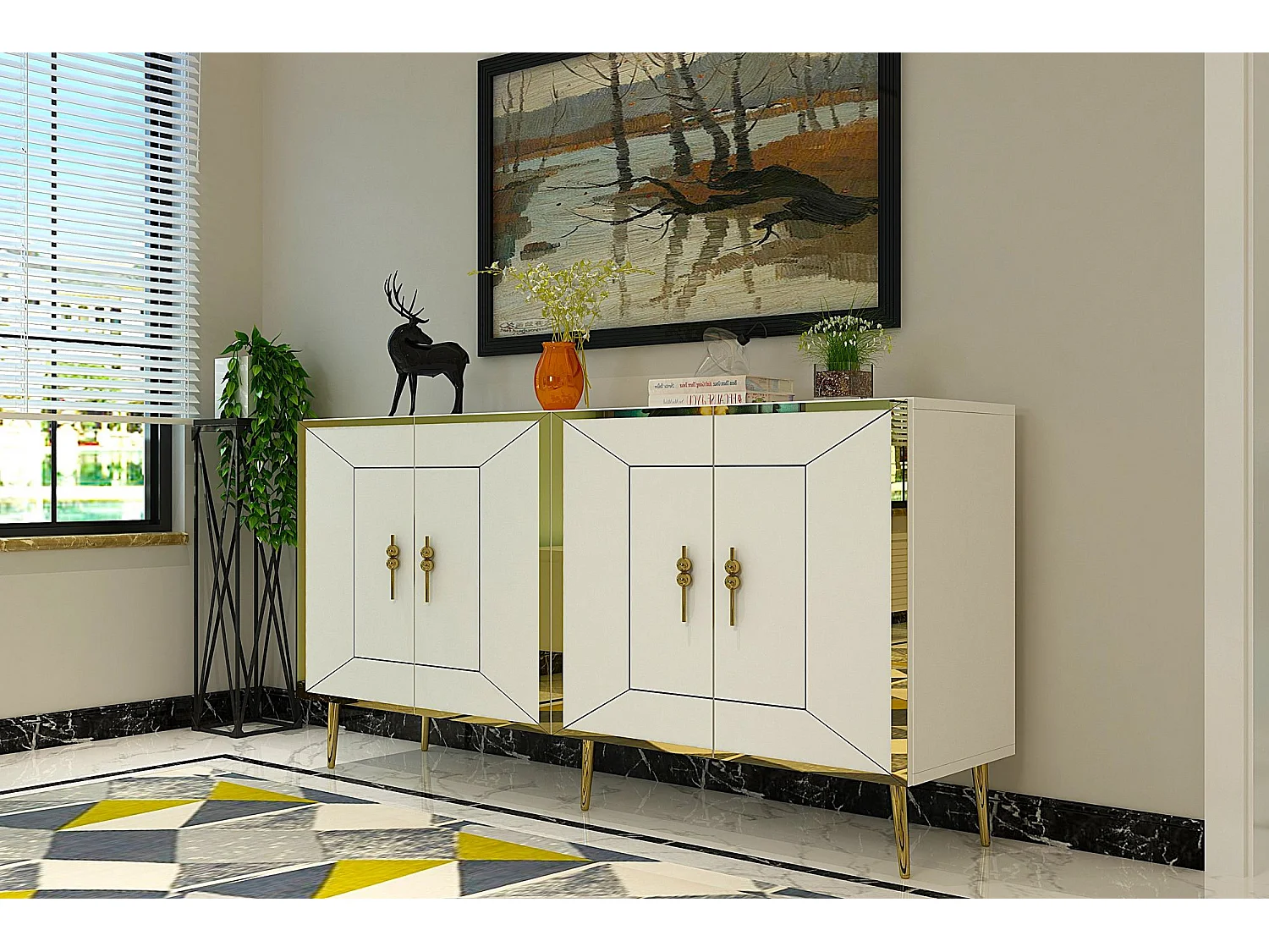 Aparador – 150 cm – Branco e Dourado – Painel de partículas revestido a melamina