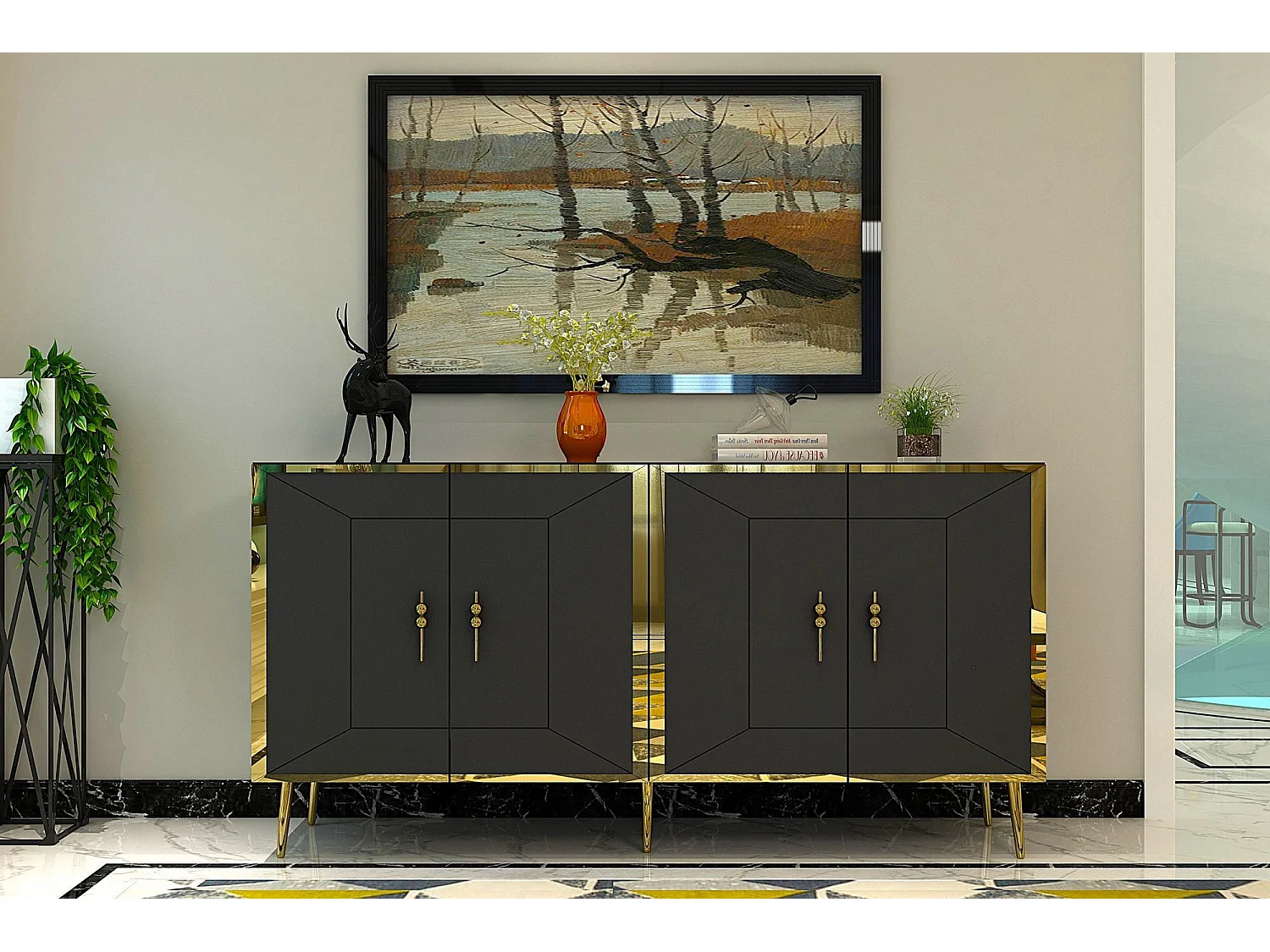 Aparador – 150 cm – Antracite e Dourado – Painéis de partículas revestidos a melamina