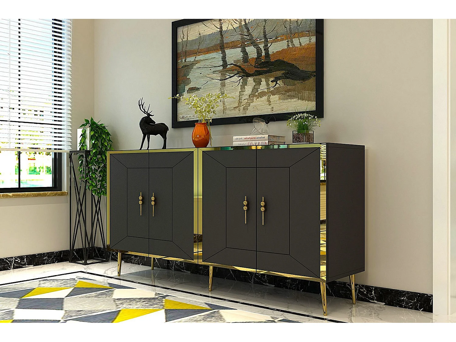 Aparador – 150 cm – Antracite e Dourado – Painéis de partículas revestidos a melamina