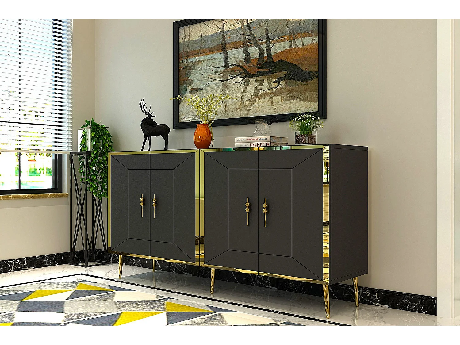 Aparador – 150 cm – Antracite e Dourado – Painéis de partículas revestidos a melamina