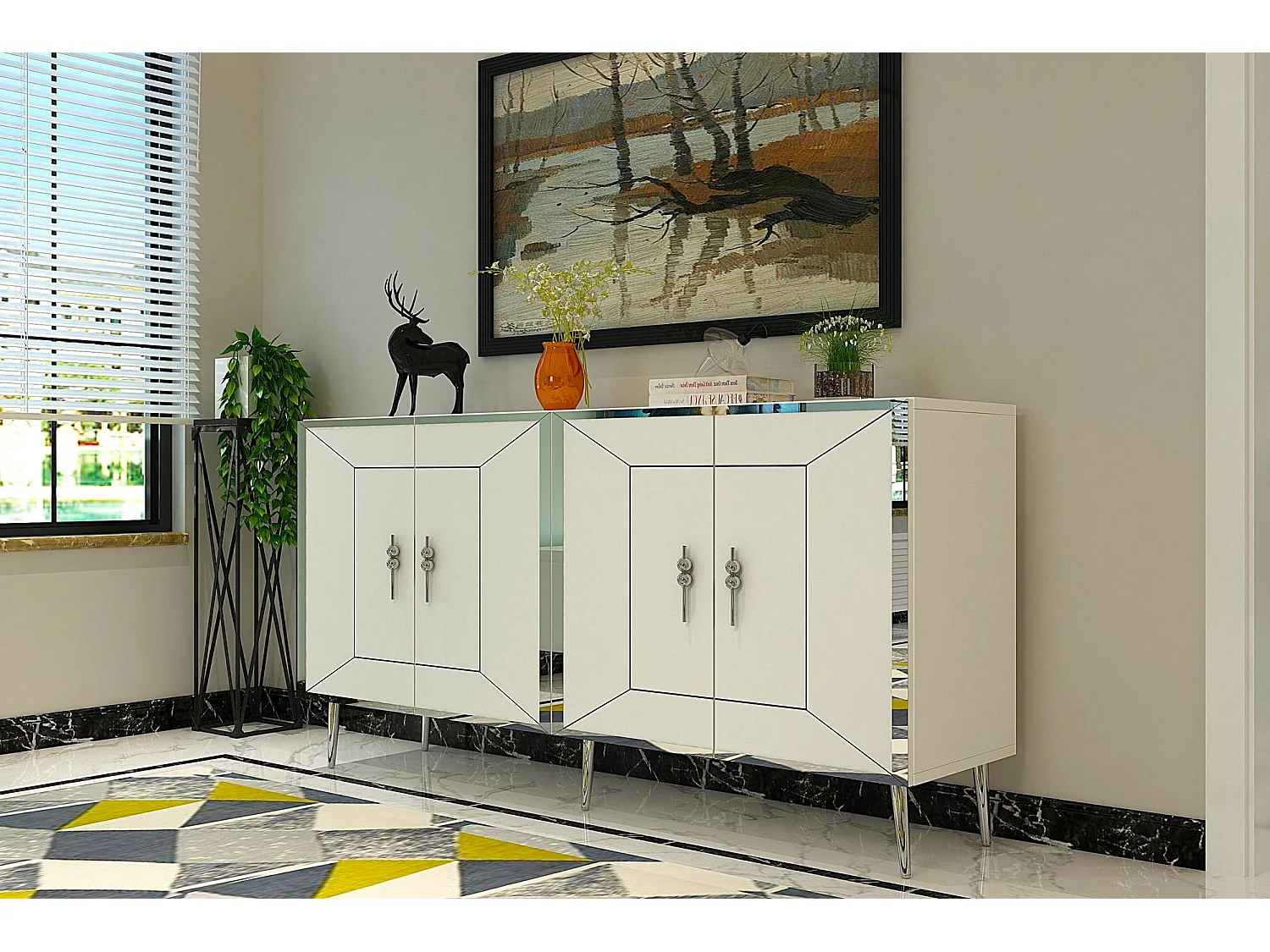 Aparador – 150 cm – Branco e Prata – Melamina