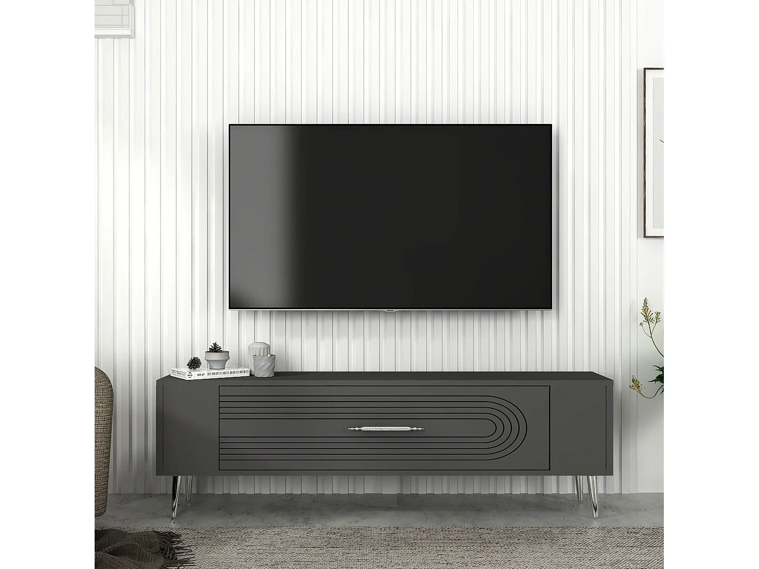 Móvel de TV – 120 cm x 48,2 cm x 26,4 cm – Antracite e Prata – Melamina