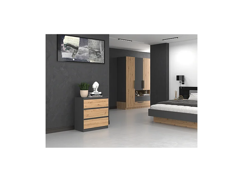 Komoda Malwa M3 | Antracyt/Dąb Artisan |70x40x75 cm | 3 szuflady