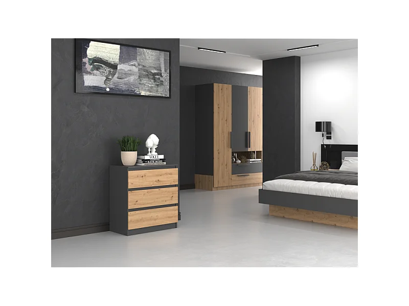 Komoda Malwa M3 | Antracyt/Dąb Artisan |70x40x75 cm | 3 szuflady