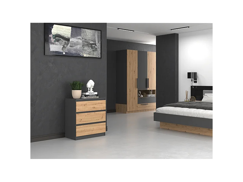 Komoda Malwa M3 | Antracyt/Dąb Artisan |70x40x75 cm | 3 szuflady