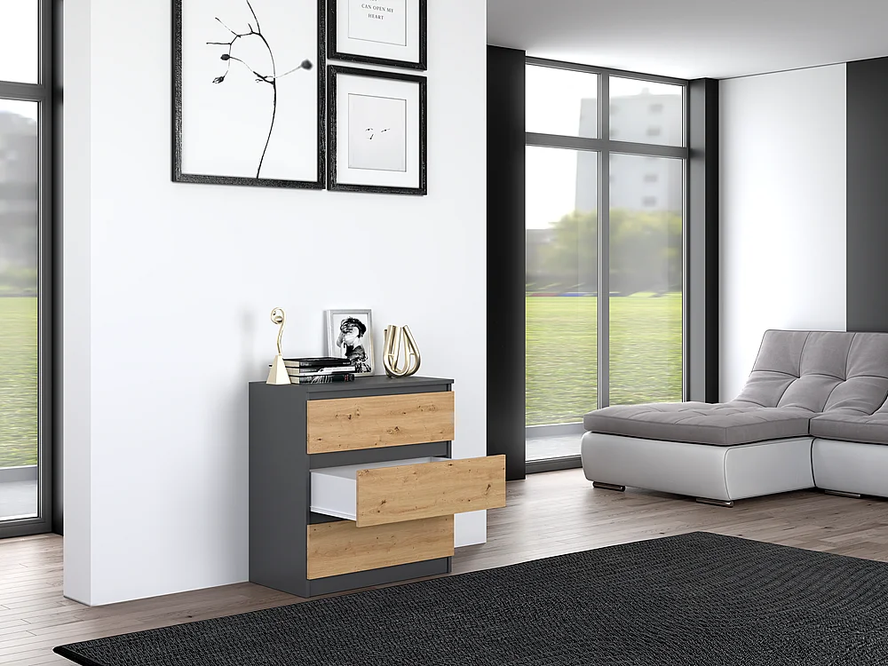 Komoda Malwa M3 | Antracyt/Dąb Artisan |70x40x75 cm | 3 szuflady