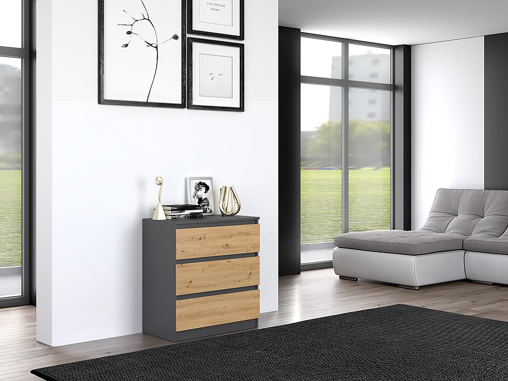 Komoda Malwa M3 | Antracyt/Dąb Artisan |70x40x75 cm | 3 szuflady