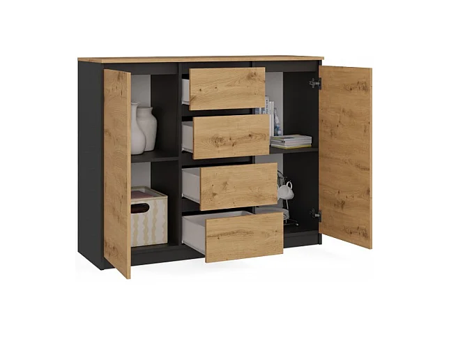 Komoda Malwa 2D4S | Antracyt/Dąb Artisan| 120x40x97 cm | 2 Drzwi, 4 Szuflady