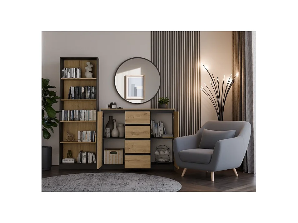 Komoda Malwa 2D4S | Antracyt/Dąb Artisan| 120x40x97 cm | 2 Drzwi, 4 Szuflady