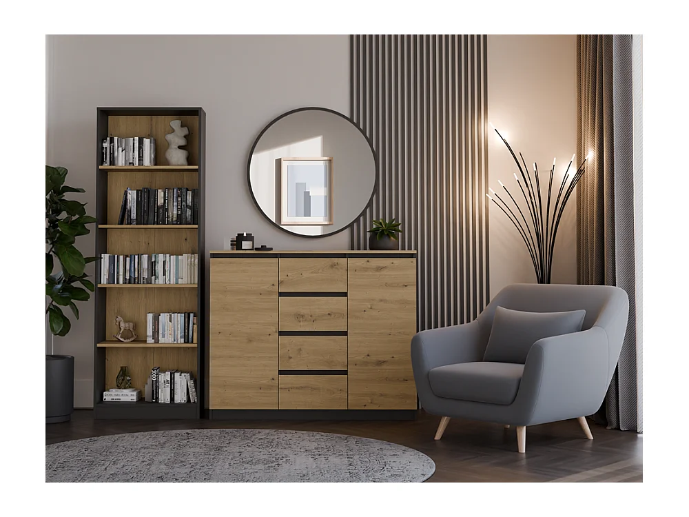 Komoda Malwa 2D4S | Antracyt/Dąb Artisan| 120x40x97 cm | 2 Drzwi, 4 Szuflady