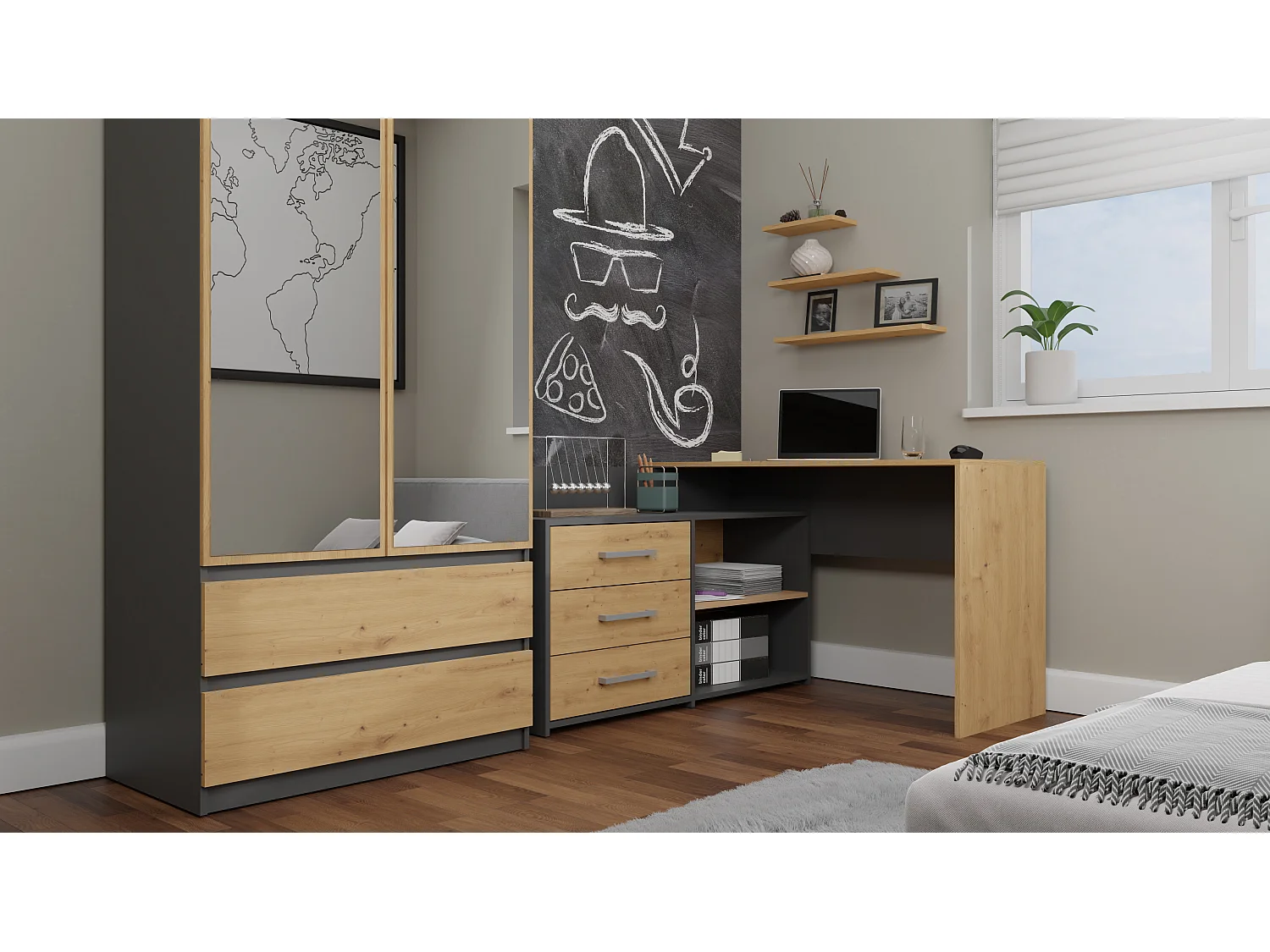 Biurko DANY | Antracyt Artisan | 120x50x76 | Narożne z 3 Szufladami