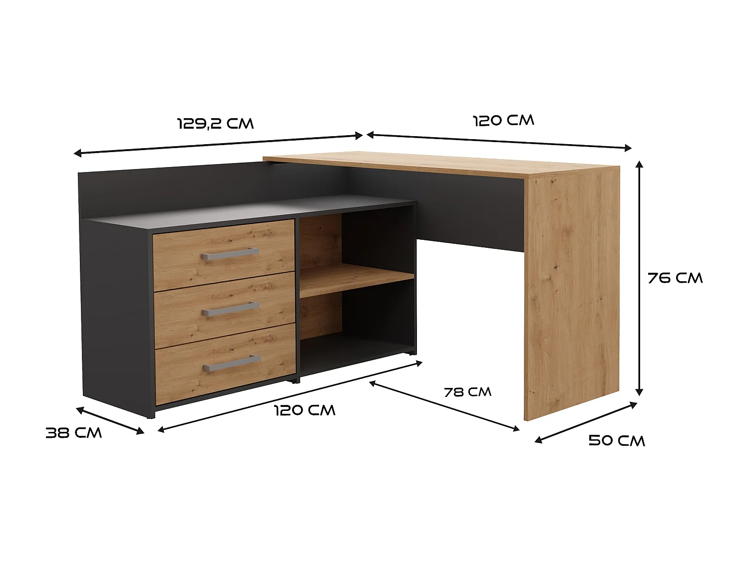 Biurko DANY | Antracyt Artisan | 120x50x76 | Narożne z 3 Szufladami