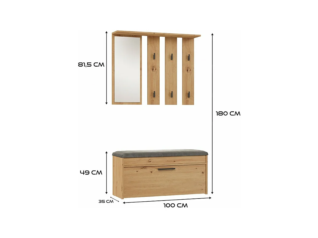 Garderoba Parma | Dąb Artisan | 100x35x180 cm | Wieszak z lustrem + Szafka