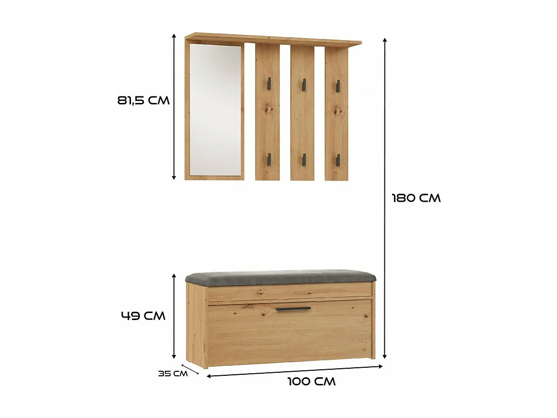 Garderoba Parma | Dąb Artisan | 100x35x180 cm | Wieszak z lustrem + Szafka