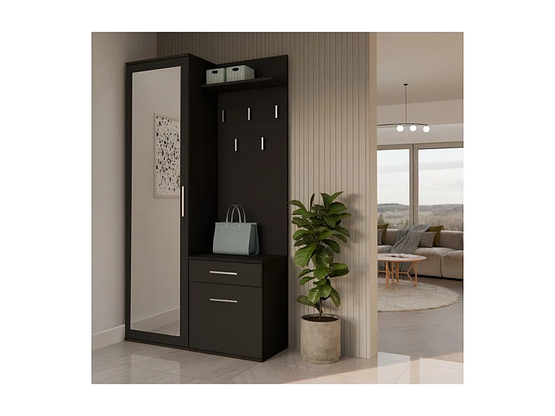 Garderoba Duo | CZARNY | 100x35x180 cm | Szafa, Lustro, Wieszak, Szuflada, Szafka