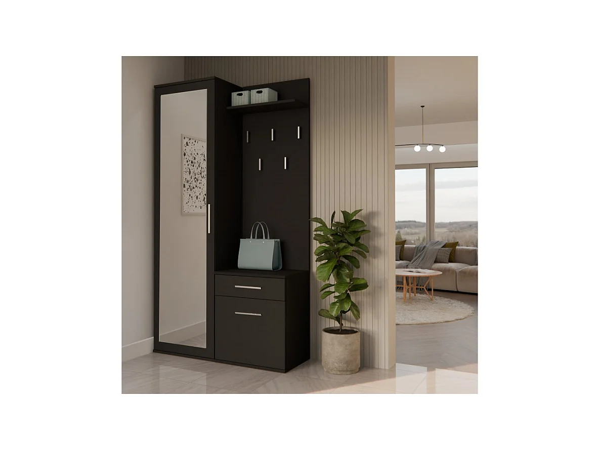 Garderoba Duo | CZARNY | 100x35x180 cm | Szafa, Lustro, Wieszak, Szuflada, Szafka