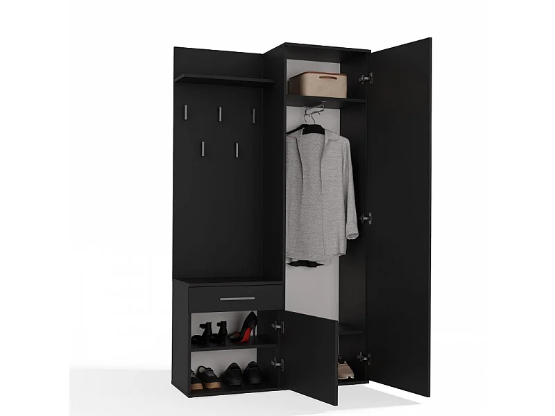 Garderoba Duo | Czarna | 100x35x180 cm | Szafa, Lustro, Wieszak, Szuflada, Szafka