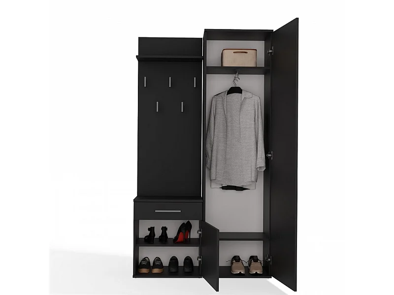 Garderoba Duo | Czarna | 100x35x180 cm | Szafa, Lustro, Wieszak, Szuflada, Szafka