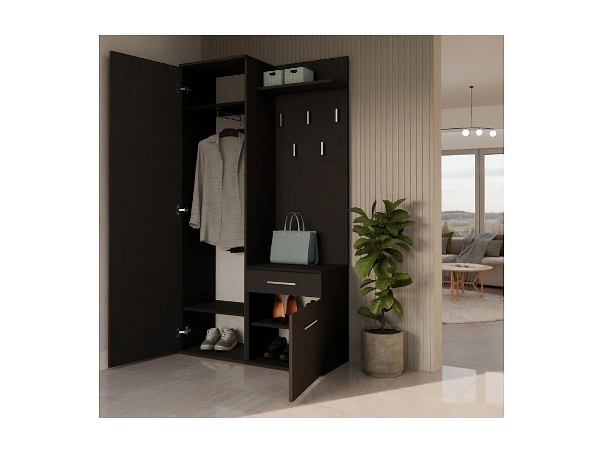 Garderoba Duo | Czarna | 100x35x180 cm | Szafa, Lustro, Wieszak, Szuflada, Szafka