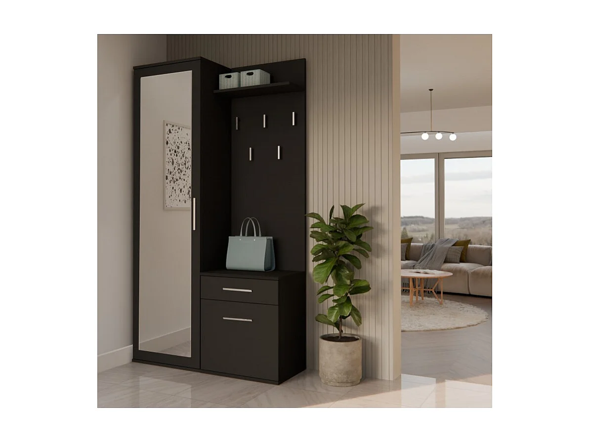 Garderoba Duo | Czarna | 100x35x180 cm | Szafa, Lustro, Wieszak, Szuflada, Szafka