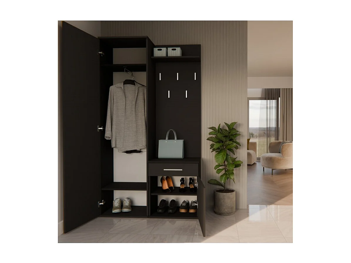 Garderoba Duo | Czarna | 100x35x180 cm | Szafa, Lustro, Wieszak, Szuflada, Szafka