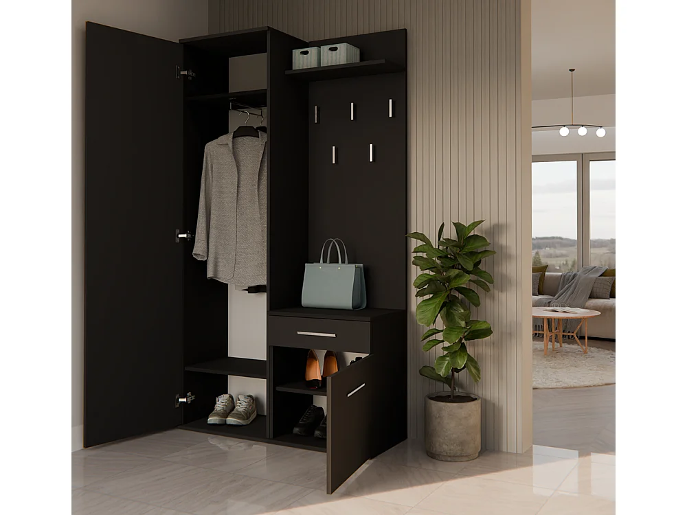Garderoba Duo | Czarna | 100x35x180 cm | Szafa, Lustro, Wieszak, Szuflada, Szafka