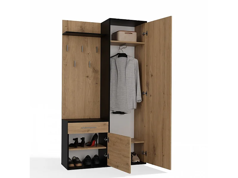 Garderoba Duo | Antracyt/Dąb Artisan | 100x35x180 cm| Szafa, Lustro, Wieszak, Szuflada, Szafka