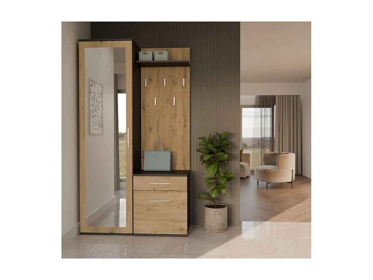 Garderoba Duo | Antracyt/Dąb Artisan | 100x35x180 cm| Szafa, Lustro, Wieszak, Szuflada, Szafka