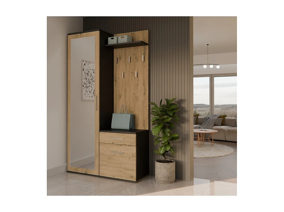 Garderoba Duo | Antracyt/Dąb Artisan | 100x35x180 cm| Szafa, Lustro, Wieszak, Szuflada, Szafka