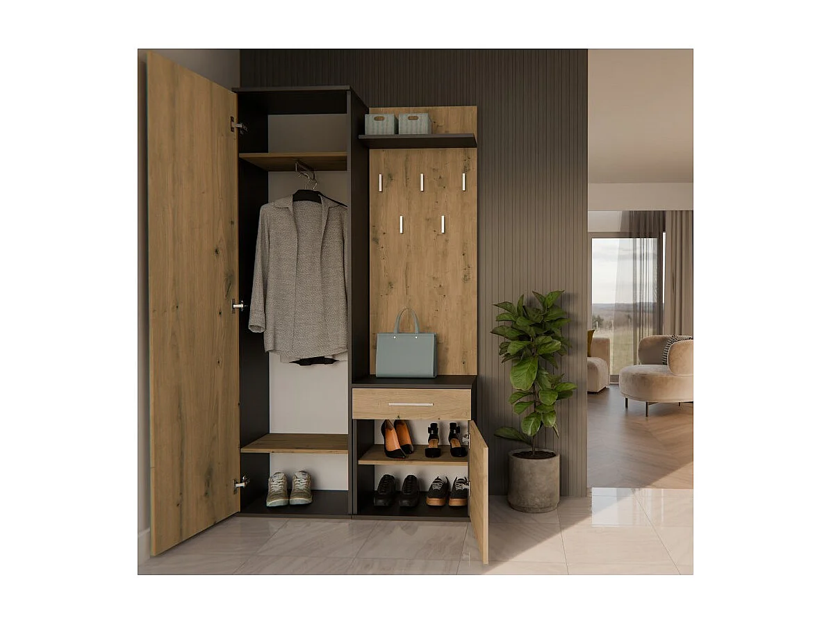 Garderoba Duo | Antracyt/Dąb Artisan | 100x35x180 cm| Szafa, Lustro, Wieszak, Szuflada, Szafka