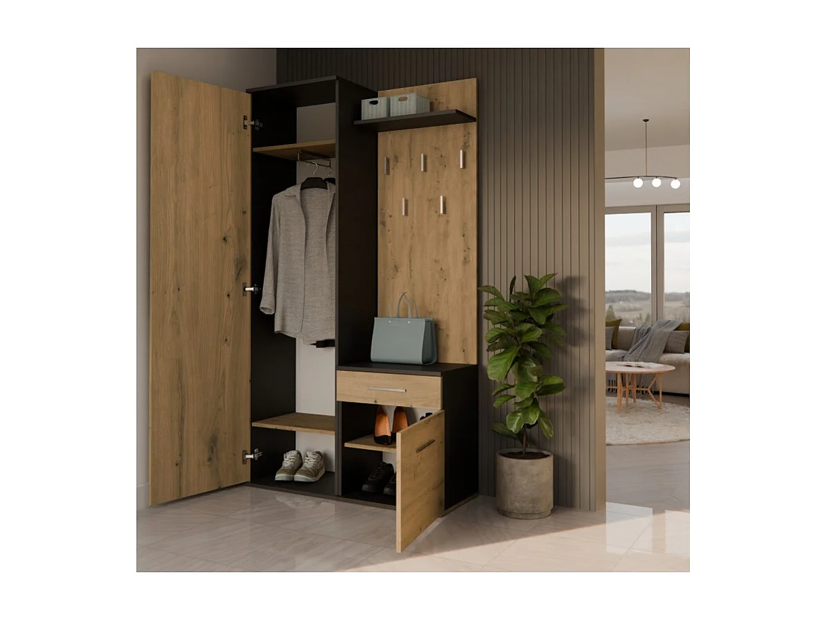 Garderoba Duo | Antracyt/Dąb Artisan | 100x35x180 cm| Szafa, Lustro, Wieszak, Szuflada, Szafka