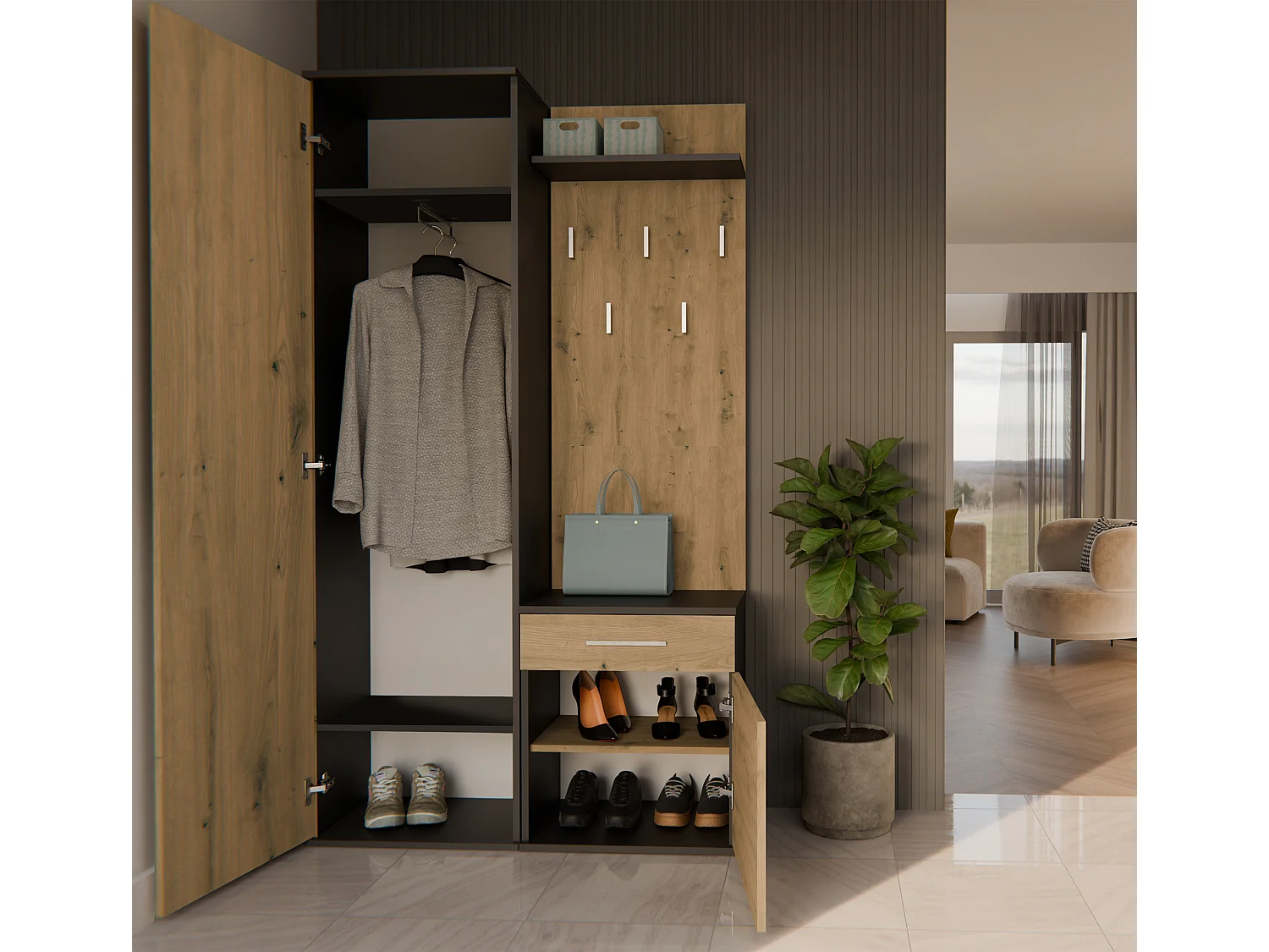 Garderoba Duo | Antracyt/Dąb Artisan | 100x35x180 cm| Szafa, Lustro, Wieszak, Szuflada, Szafka