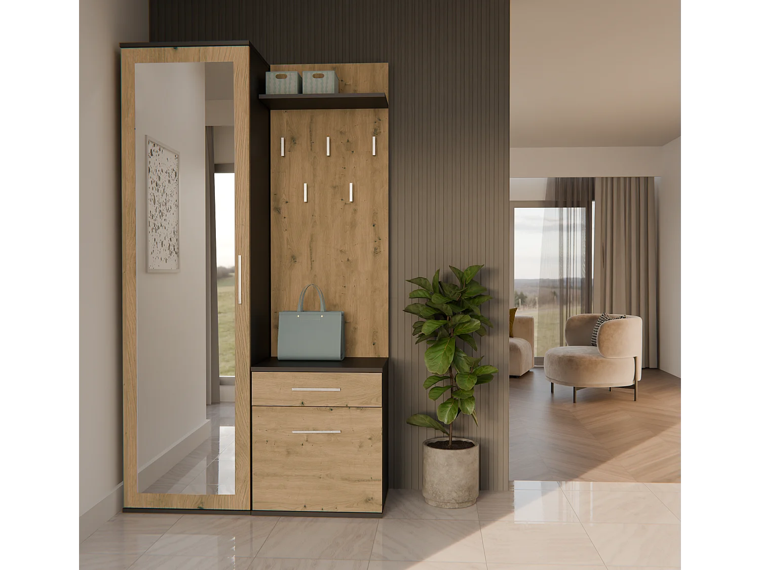 Garderoba Duo | Antracyt/Dąb Artisan | 100x35x180 cm| Szafa, Lustro, Wieszak, Szuflada, Szafka